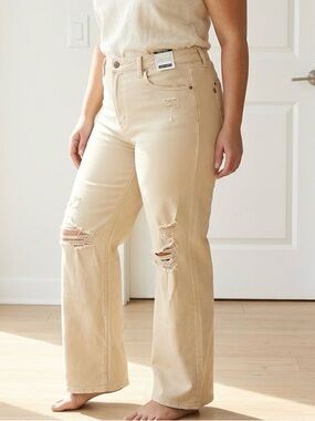 Judy Blue Women's Garment Dyed High Waist Wide Leg Distressed Jeans Tan 15/32